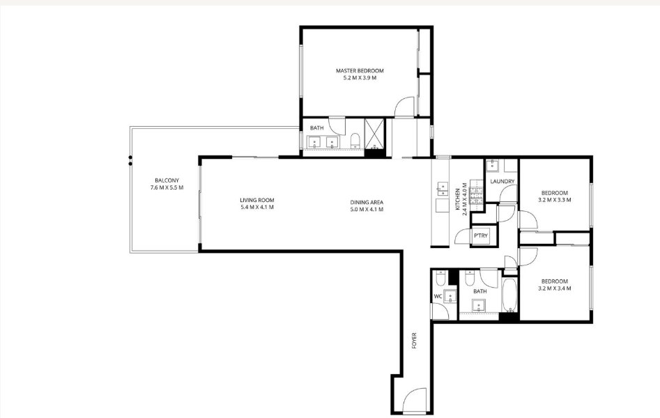 Floor plan showing three bedrooms, study, two bathrooms, guest powder room, open living and dining, kitchen, laundry and balcony